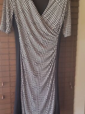 Lauren By Ralph Lauren Black & White Printed Draped Midi Dress